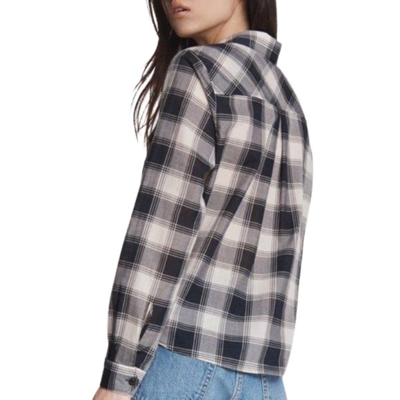 Rag and Bone Navy White Check Plaid Quinn Cropped Button Down Shirt EUC Size XXS - Picture 3 of 11